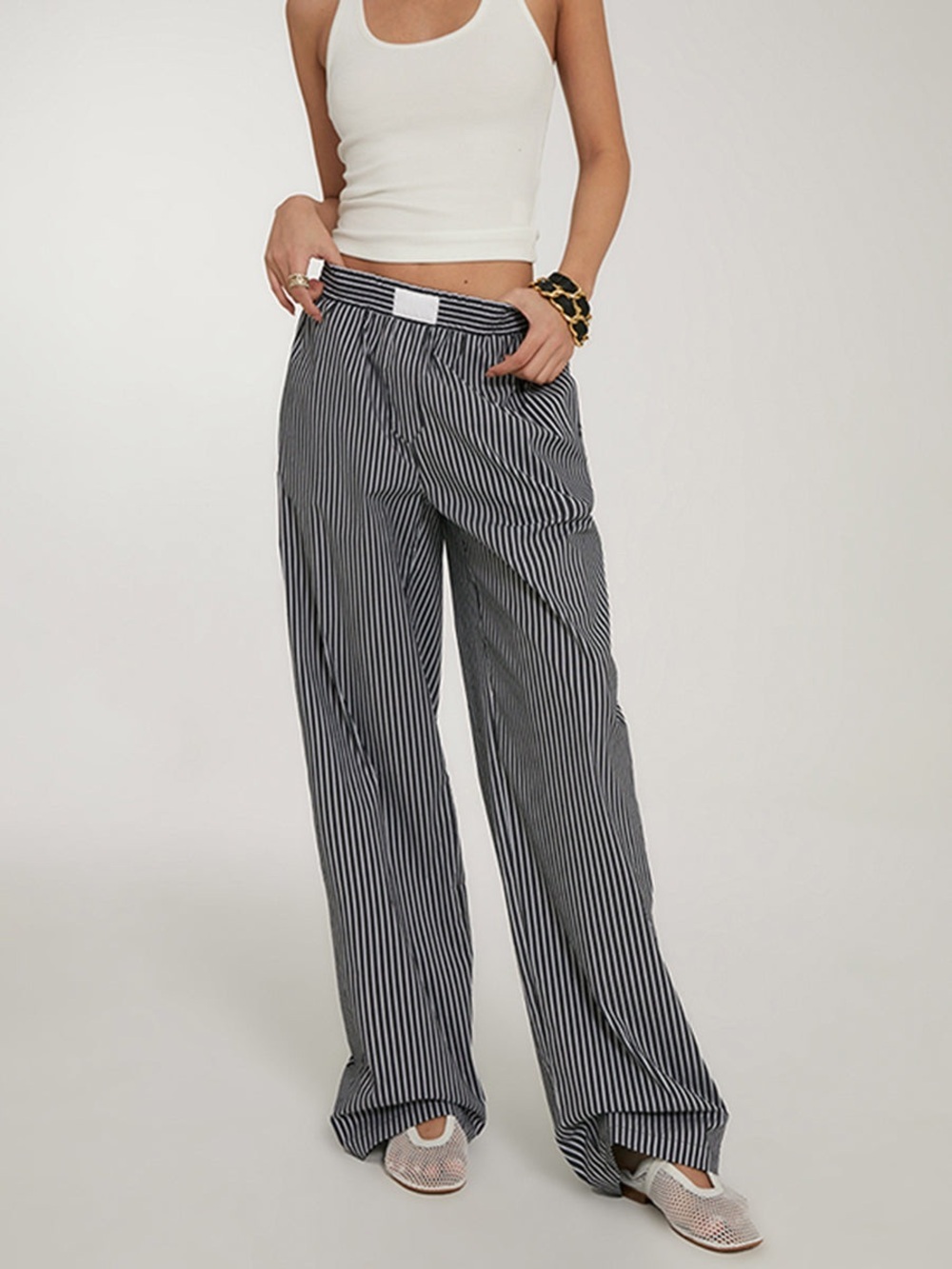 Commense Casual Striped Wide Leg Pants